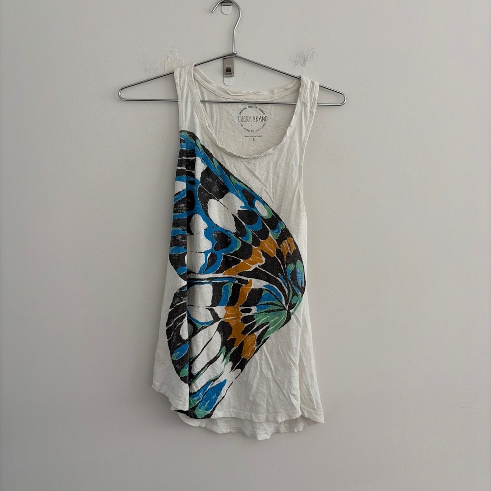 Lucky Brand Womens Butterfly Graphic Raw Hem Tank Top White Small